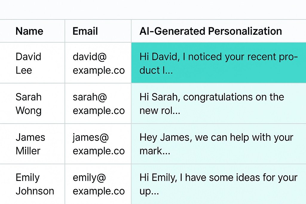 Clay AI dashboard showing lead table with AI-generated personalized outreach content for B2B sales