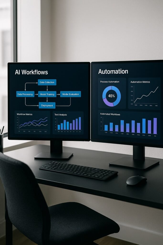 Overview of a small business AI efficiency stack showing dashboards, automation, and productivity tools in a modern workspace