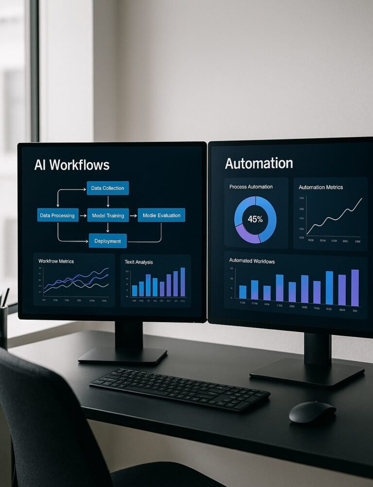 AI Tools for small business: AI efficiency stack showing dashboards, automation, and productivity tools in a modern workspace