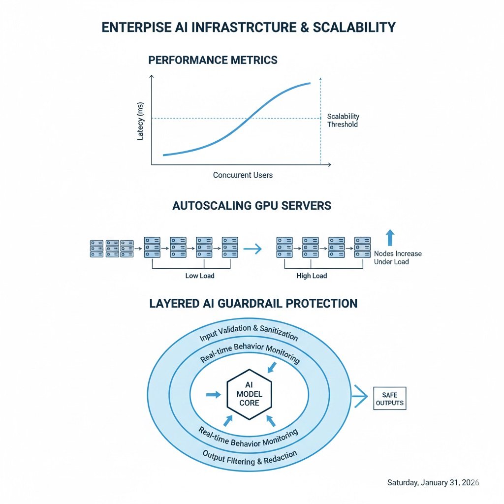 AI scalability stress testing diagram showing latency under load, GPU autoscaling, and guardrail protection layers