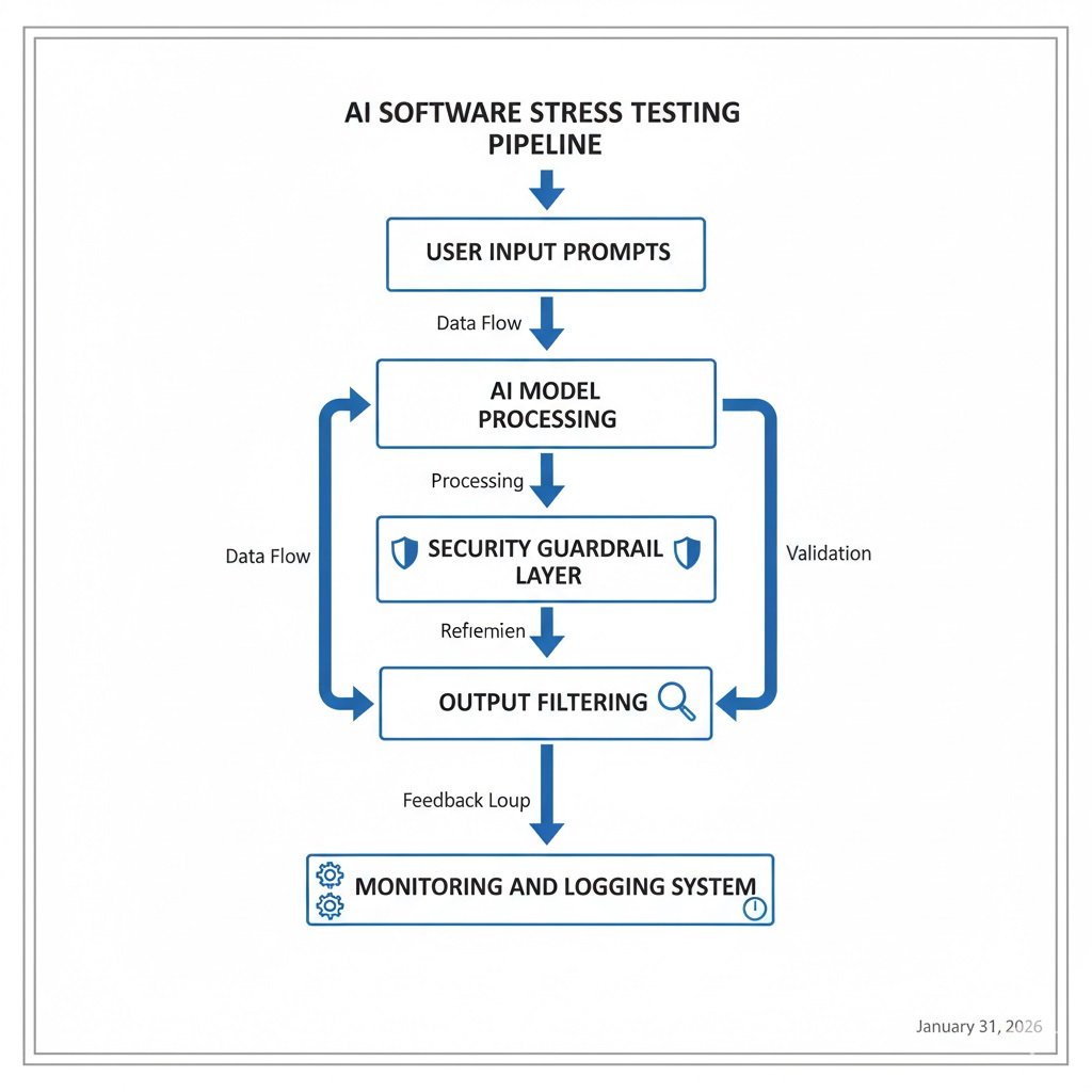 AI software stress testing workflow showing input prompts, model processing, guardrails, output filtering, and monitoring