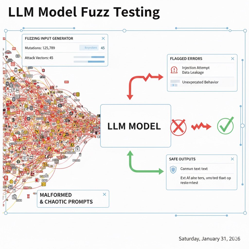 LLM model fuzz testing with malformed and adversarial prompt inputs hitting the AI system