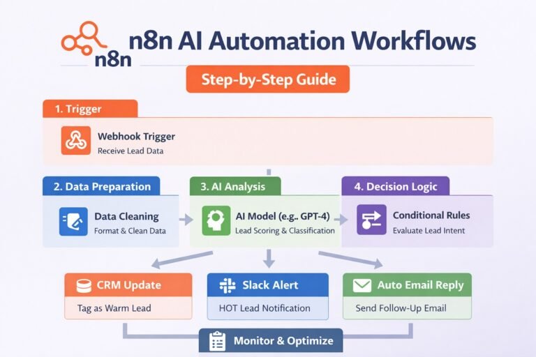 n8n AI automation workflow showing lead capture, AI analysis, decision logic, CRM update, Slack alert, and auto email reply.