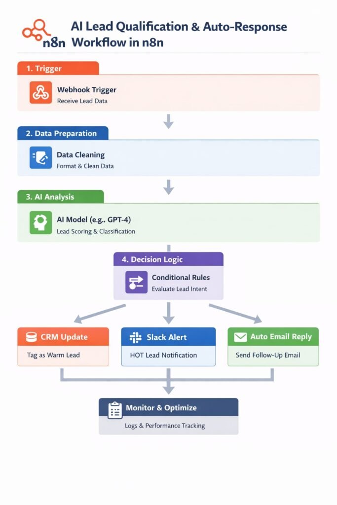 n8n AI automation workflow diagram illustrating trigger, data preparation, AI analysis, decision logic, and actions including CRM update, Slack alert, and auto email reply.