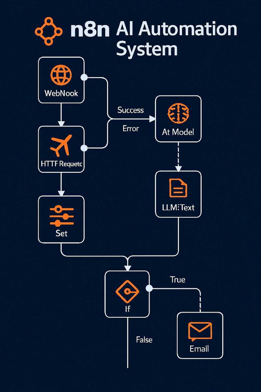 n8n AI automation flowchart on dark blue background.