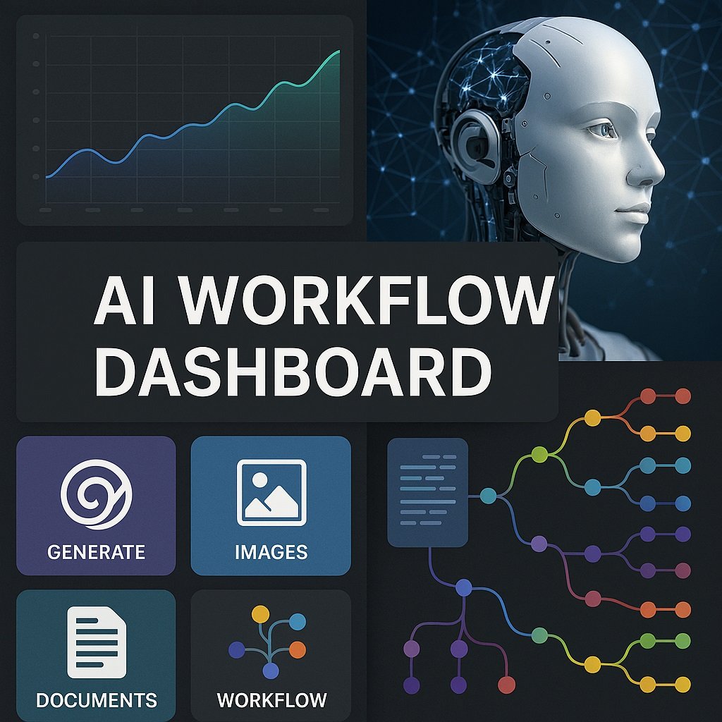 Collage of AI workflow dashboards showing multiple business automation tools