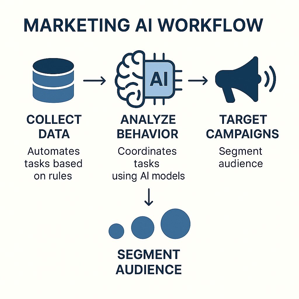 Marketing AI workflow showing content automation and performance tracking
