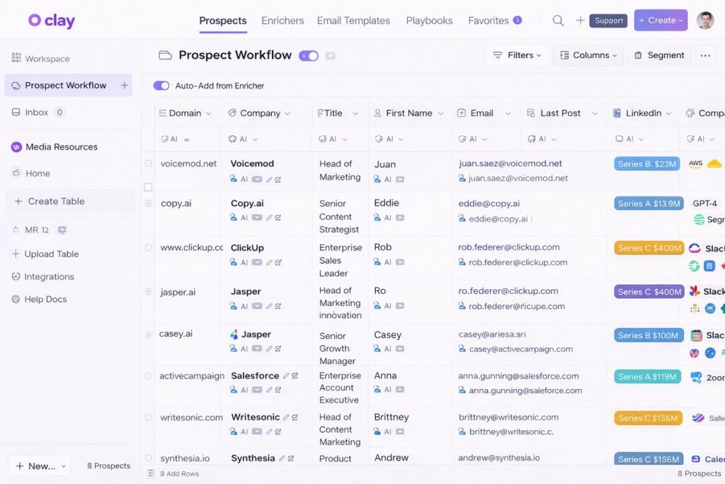 Clay AI workflow table showing enriched prospect data for outreach