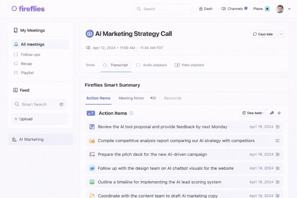 Fireflies dashboard screenshot with AI-generated meeting action items