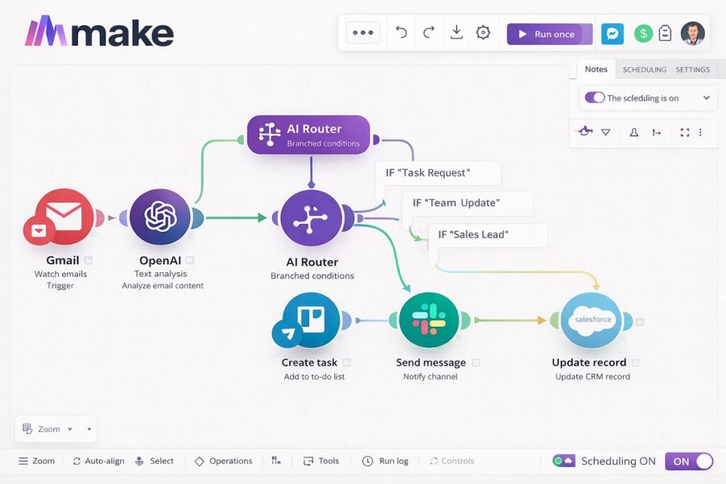 Visual workflow canvas in Make showing branching logic and AI modules