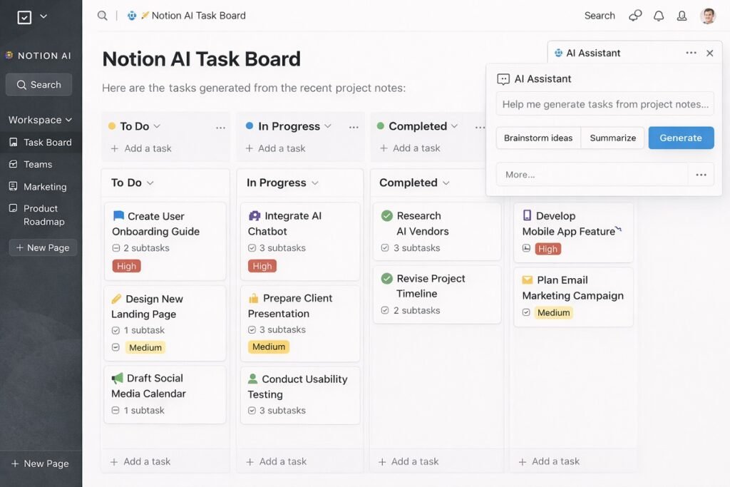 Notion AI workspace showing tasks generated from project notes