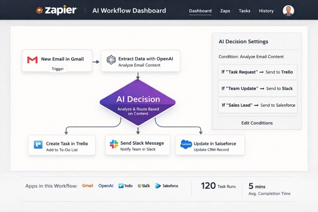 Zapier AI workflow dashboard showing multi-app automation and AI decision step