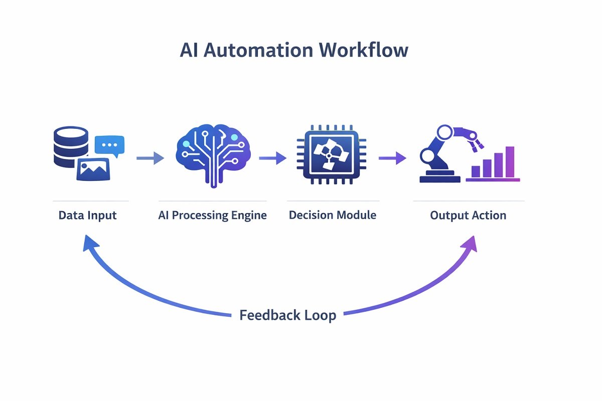 Core components of an AI agent workflow including input, processing, decision, output, and feedback