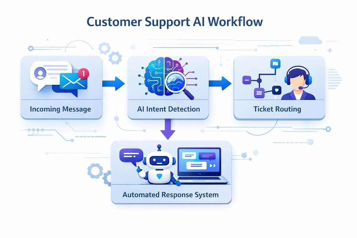 Customer support AI automation workflow diagram with AI message classification