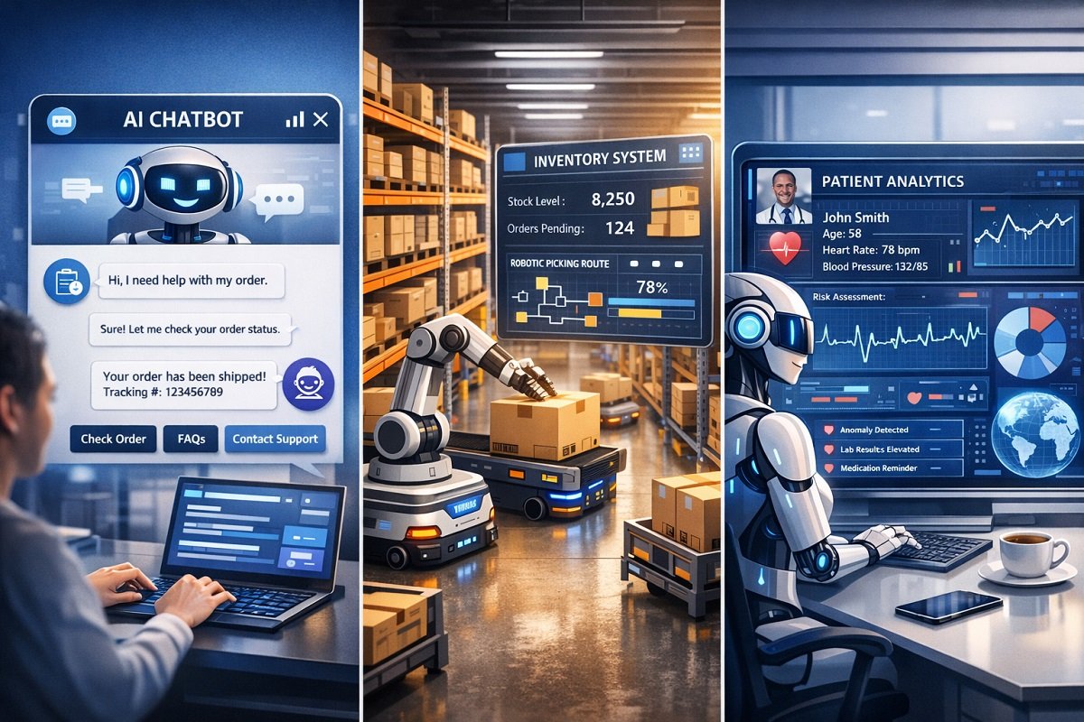 AI automation use cases collage showing customer support chatbot interface, automated warehouse inventory system, and healthcare AI dashboard analyzing patient data