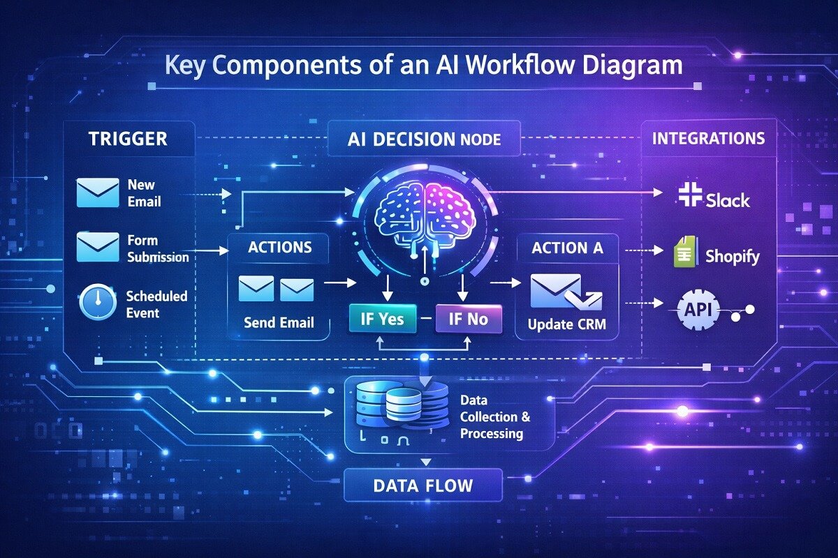 Key components of an AI workflow diagram including triggers actions and decision nodes