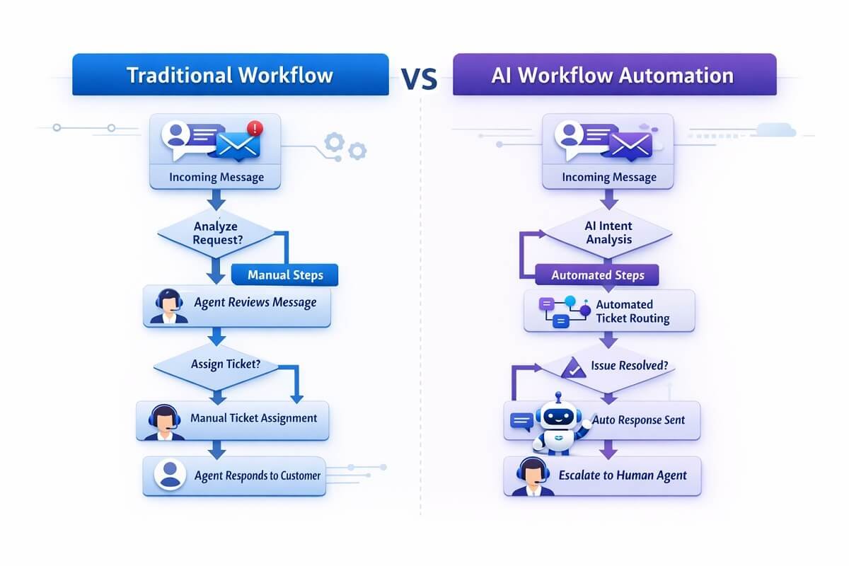 Comparison between traditional workflow diagrams and AI automation workflows