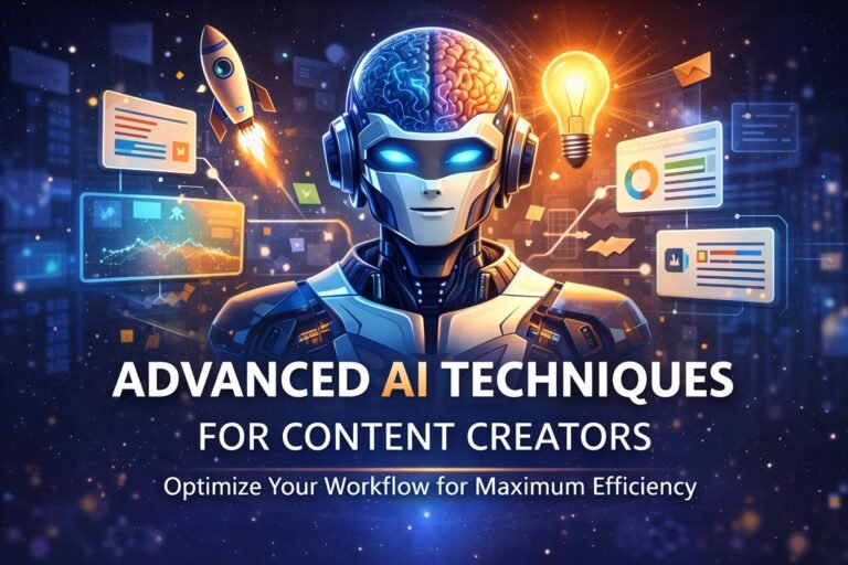 Advanced AI Techniques for Content Creators: Abstract illustration of AI-powered content workflow with icons for research, writing, and publishing