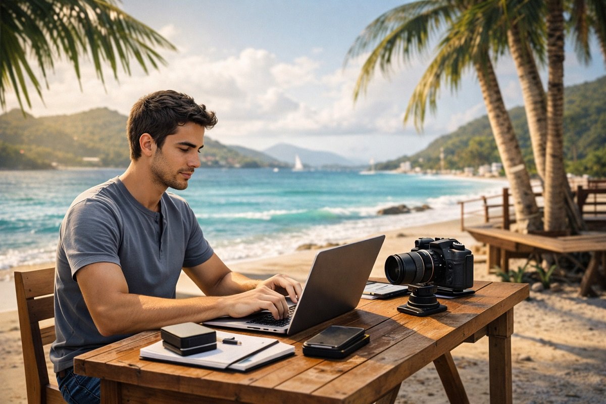 Photo of a solo content creator working on a laptop during travel