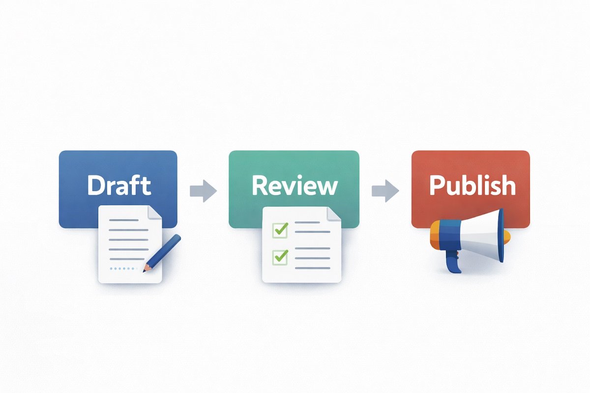 Flowchart showing draft, review, and publish steps in AI-assisted writing workflow