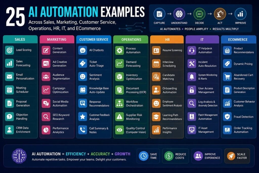 25 AI automation examples across sales, marketing, customer service, operations, HR, IT, and ecommerce