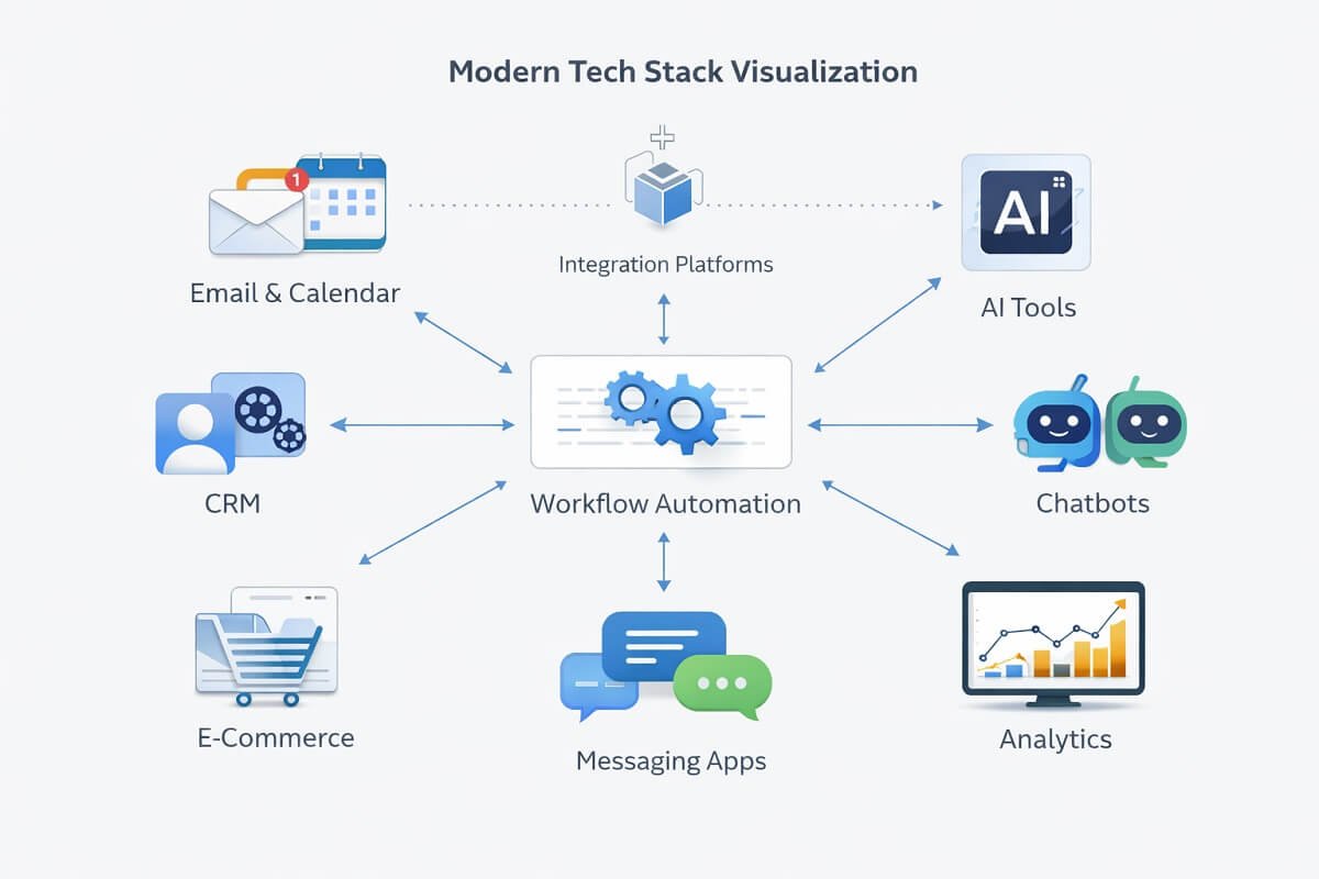 modern tech stack visualization, connected apps icons, workflow automation diagram, CRM, AI tools, chatbots, arrows connecting systems, clean minimal design, infographic style