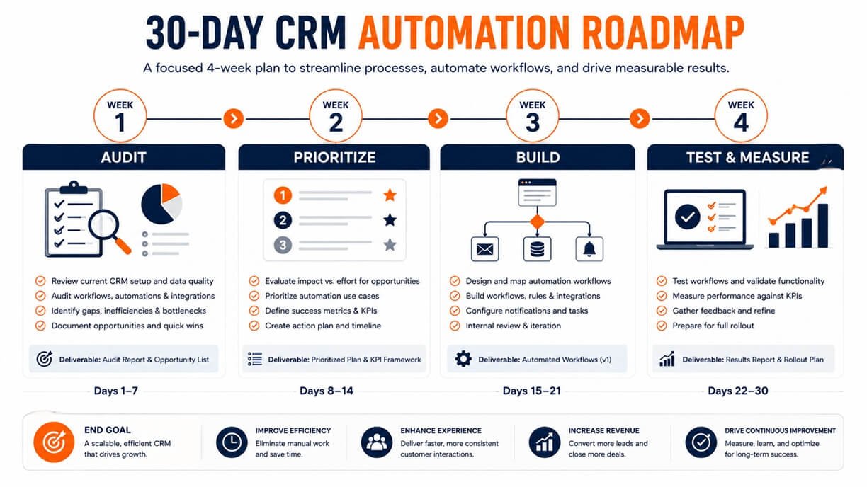 30-day CRM automation roadmap showing Week 1 Audit, Week 2 Prioritize, Week 3 Build, and Week 4 Test and Measure.
