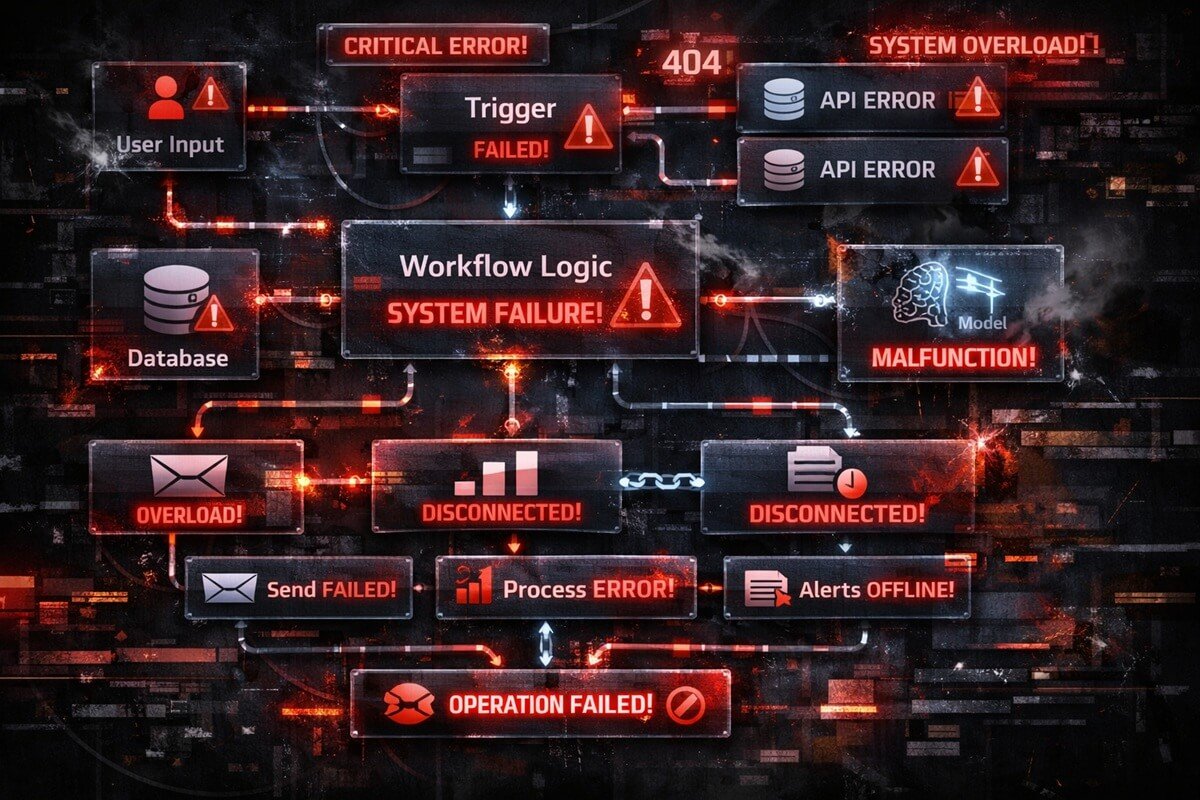 Broken AI workflow automation systems showing failures in scalability and integration