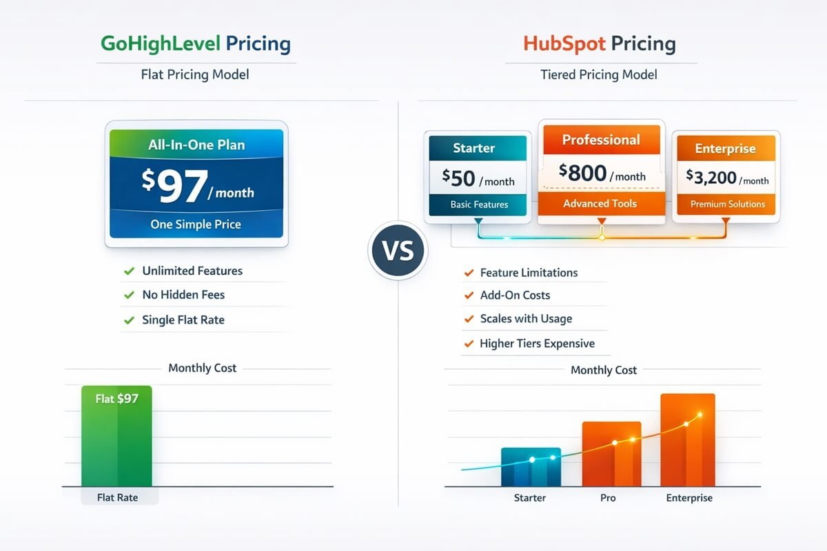 GoHighLevel vs HubSpot pricing comparison showing flat pricing vs tiered CRM subscription model 