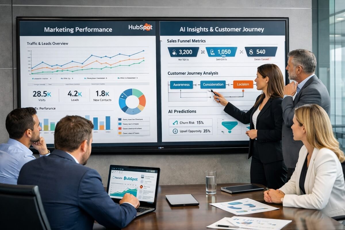 Enterprise team using HubSpot CRM dashboard for analytics and customer journey tracking