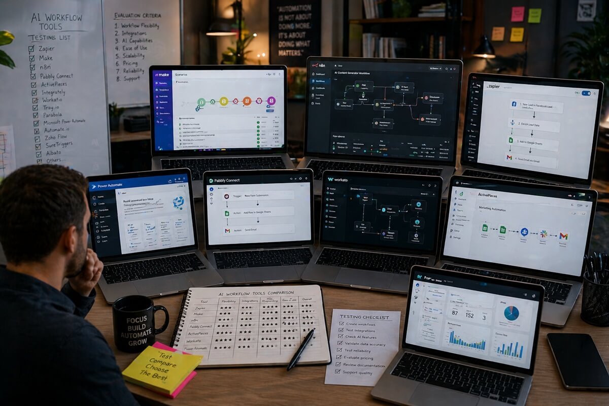 AI expert testing multiple workflow automation tools across different platforms and dashboards