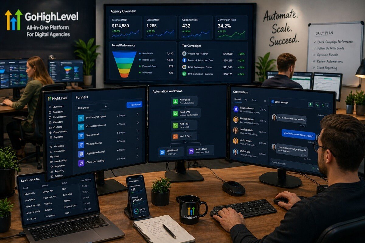 Marketing agency using GoHighLevel CRM for funnels, automation, and client management
