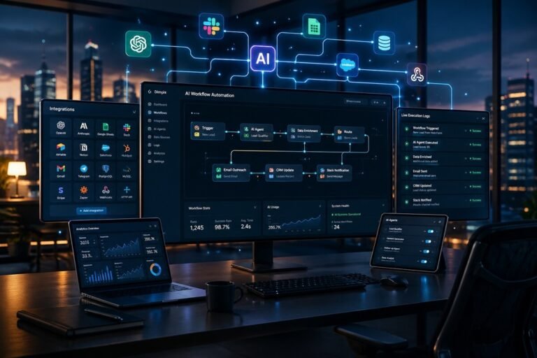 AI workflow automation system visualizing connected tools and workflows in a futuristic business dashboard environment