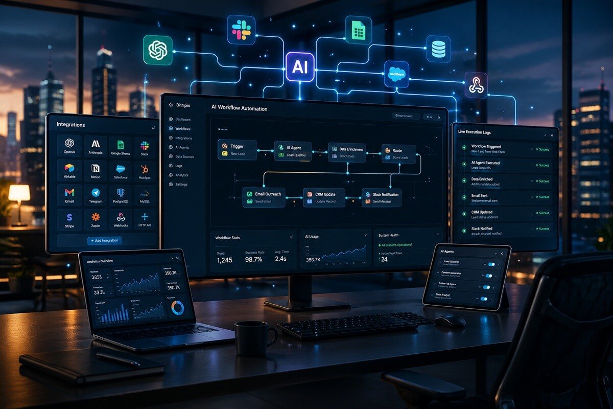 AI workflow automation system visualizing connected tools and workflows in a futuristic business dashboard environment