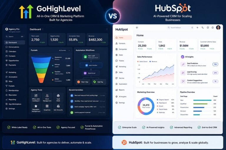 GoHighLevel vs HubSpot CRM dashboard comparison showing agency tools and enterprise CRM analytics