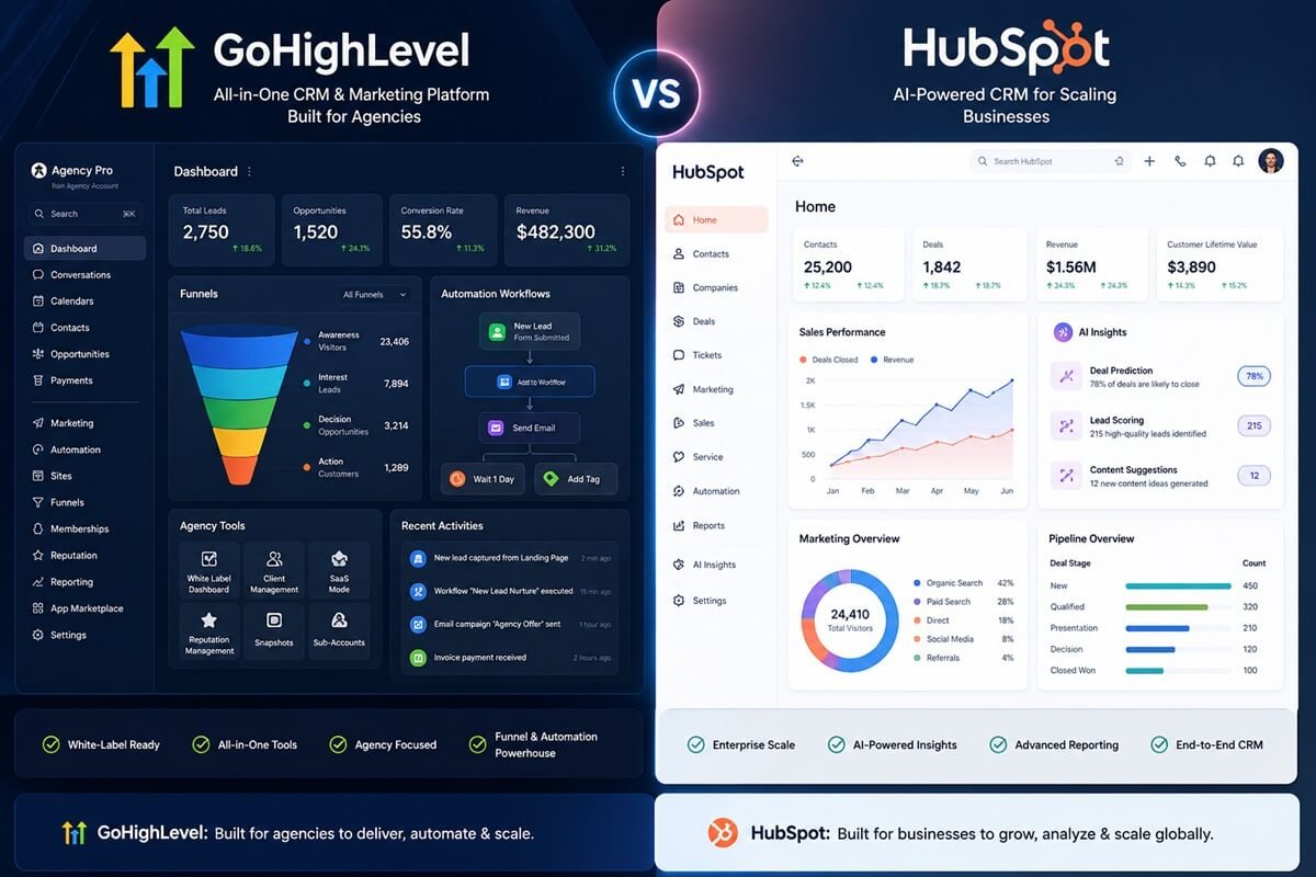 GoHighLevel vs HubSpot CRM dashboard comparison showing agency tools and enterprise CRM analytics