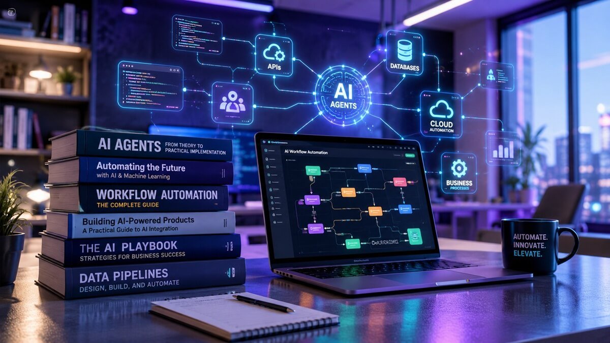 Stack of AI workflow and automation books beside a laptop displaying an AI workflow diagram