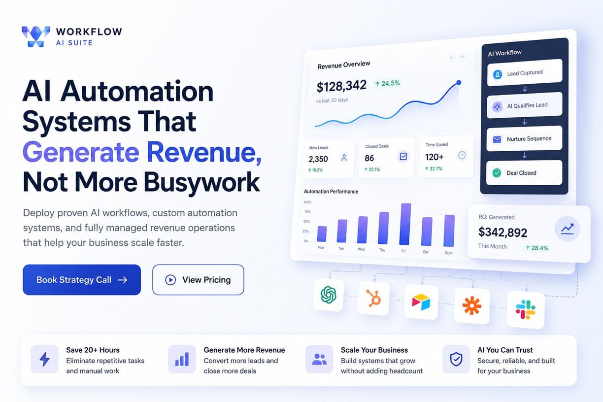 Modern AI automation platform helping businesses automate sales, marketing, and operations with revenue-focused workflows, analytics dashboards, and AI-powered integrations.
