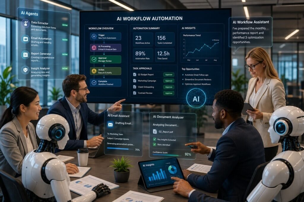Business professionals collaborating with AI assistants in a modern workflow