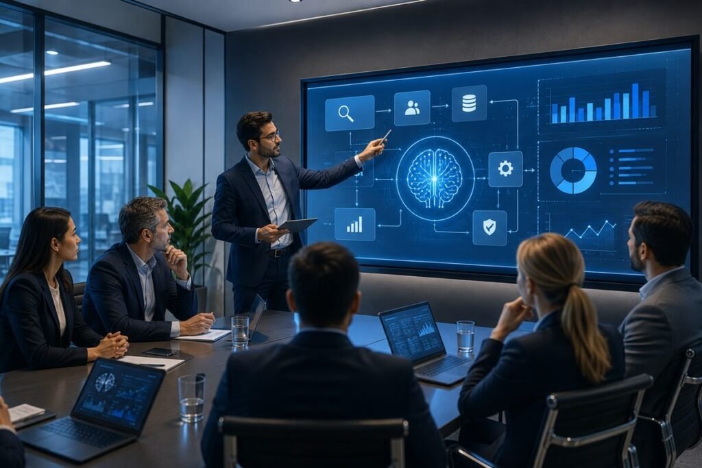 AI consultant presenting an implementation strategy to business leaders.
