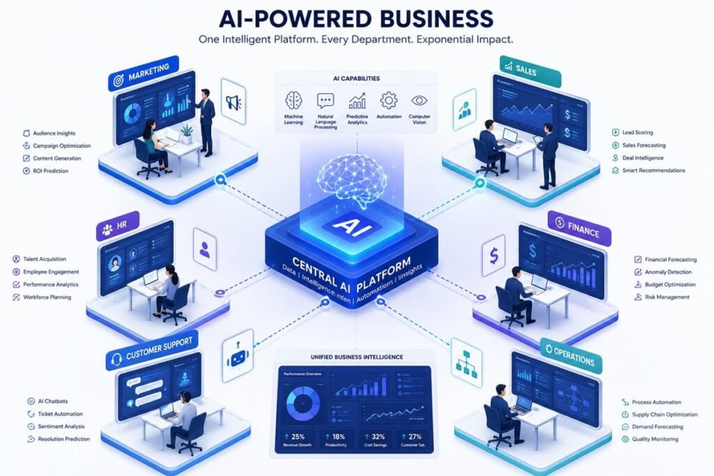 AI platform connecting marketing, sales, HR, finance, and customer support systems.