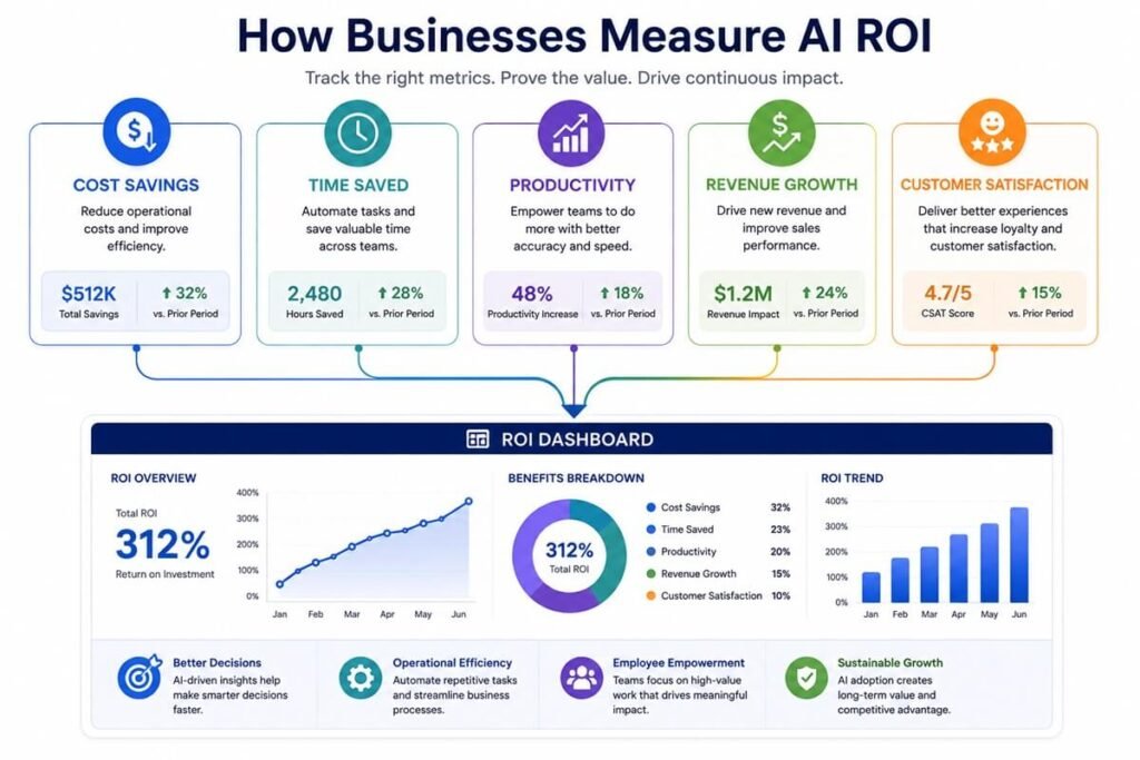 AI ROI framework showing productivity, cost savings, revenue growth, customer satisfaction, and time savings.