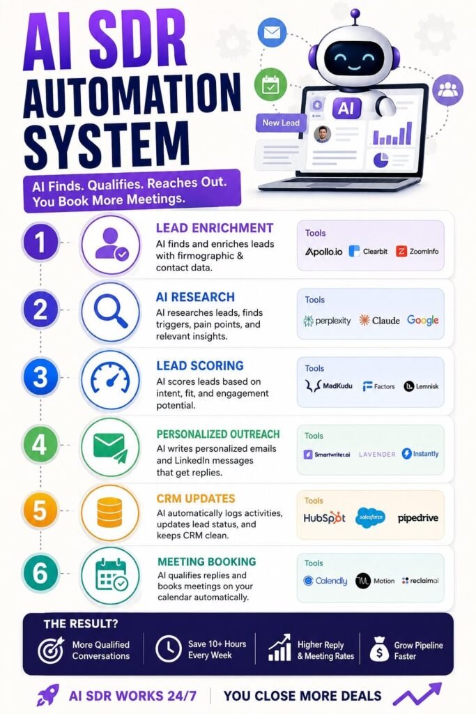 AI SDR automation system showing lead enrichment, research, scoring, personalized outreach, CRM updates, and meeting booking