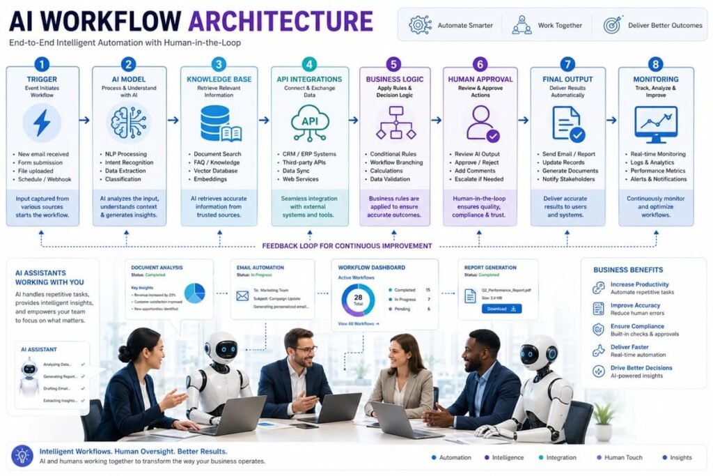 AI workflow architecture showing triggers, AI models, APIs, databases, and human approvals