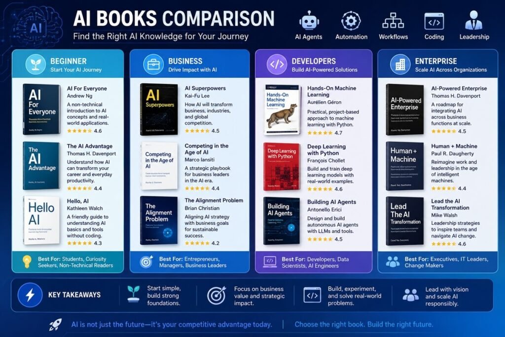 Comparison chart of the best AI books for workflows, automation, and AI agents