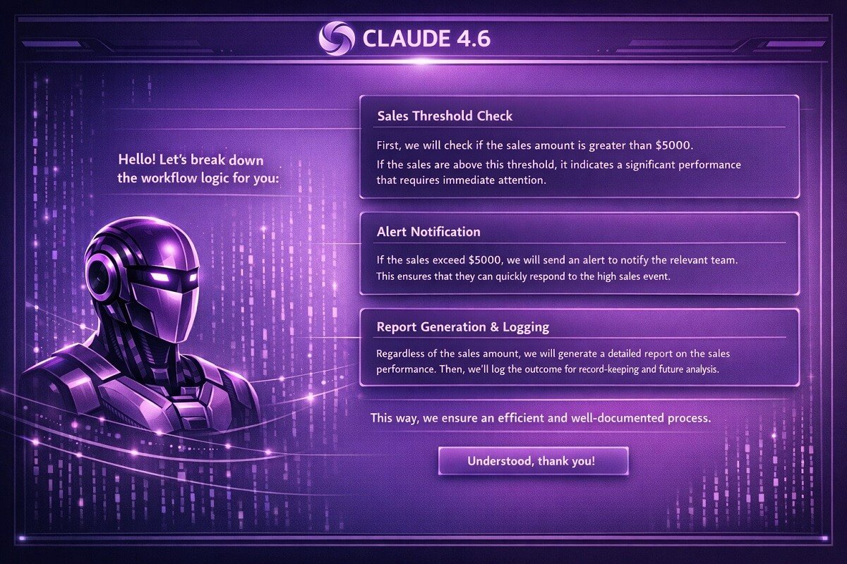 Claude AI explaining complex business logic with clear structured reasoning and readable output 