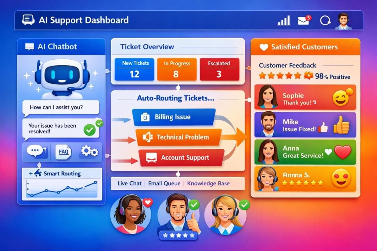 AI customer support automation workflow with chatbot and ticket routing system