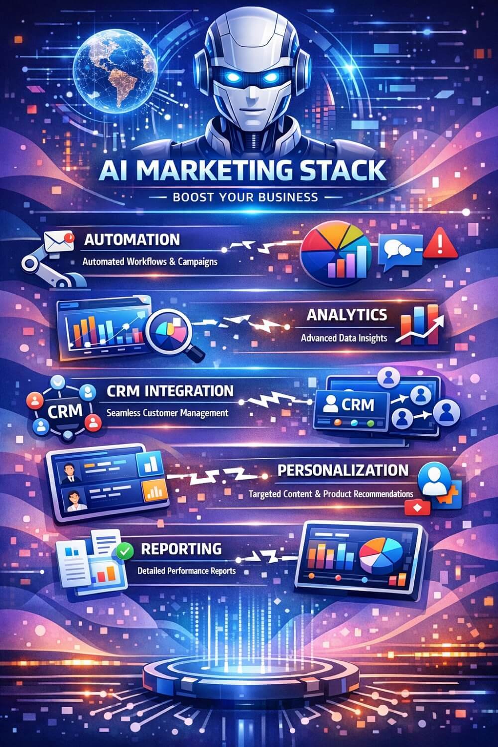 Feature icons infographic of Core Features of a Unified AI Marketing Stack