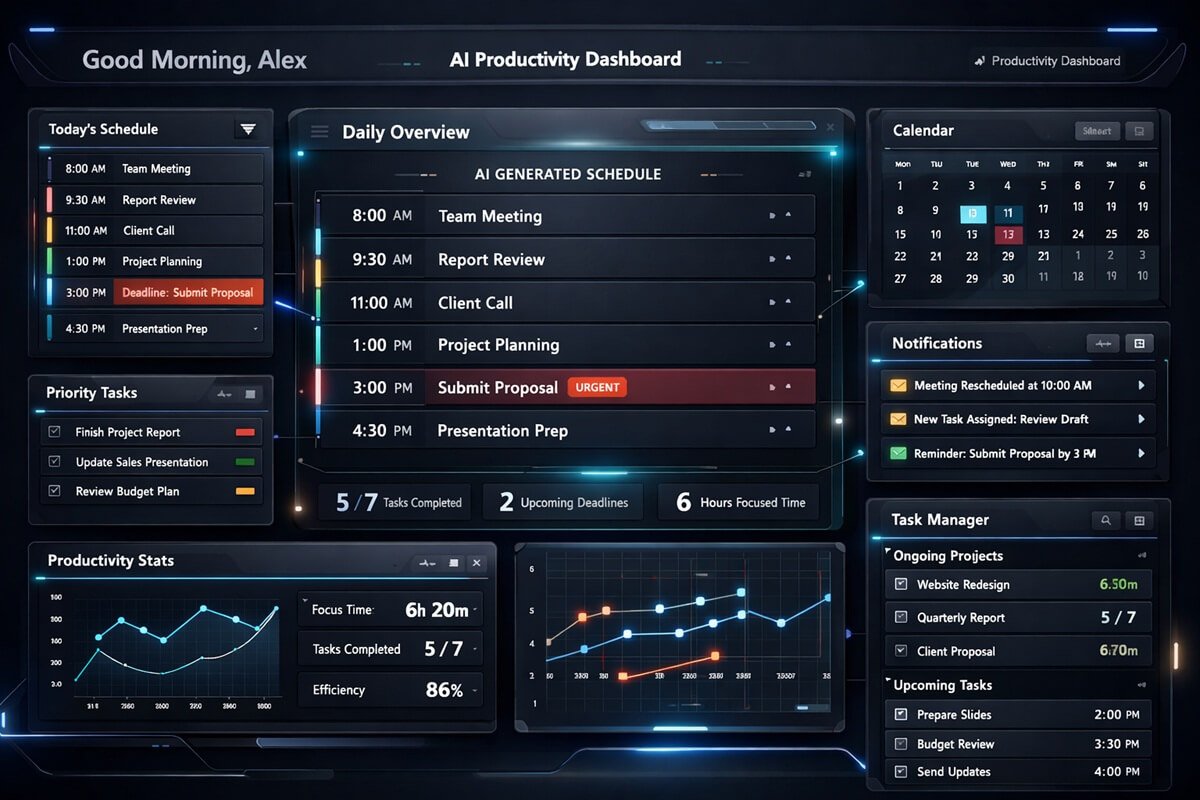Advanced AI productivity dashboard generating full daily schedule automatically, tasks, deadlines, and calendar events rearranging in real time, high-tech interface, dynamic layout, executive productivity theme, dark mode SaaS UI
