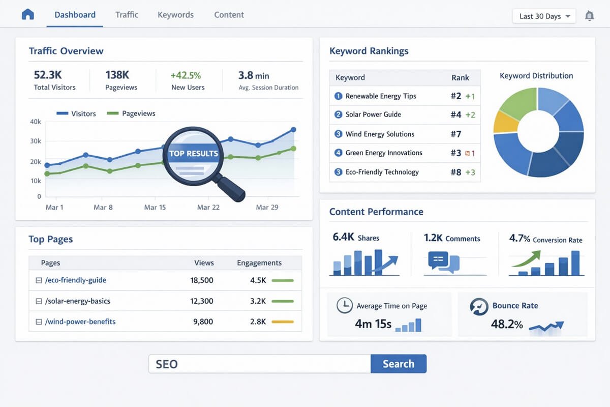 Content performance tracking dashboard for SEO and content marketing